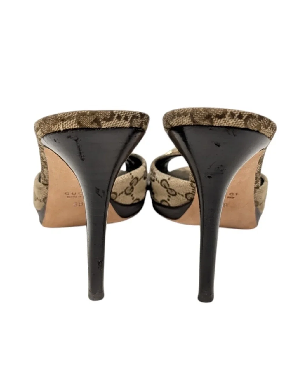 Gucci Erin Monogram Horsebit Peep Toe Dress Up Mule Sandal Size EU 38